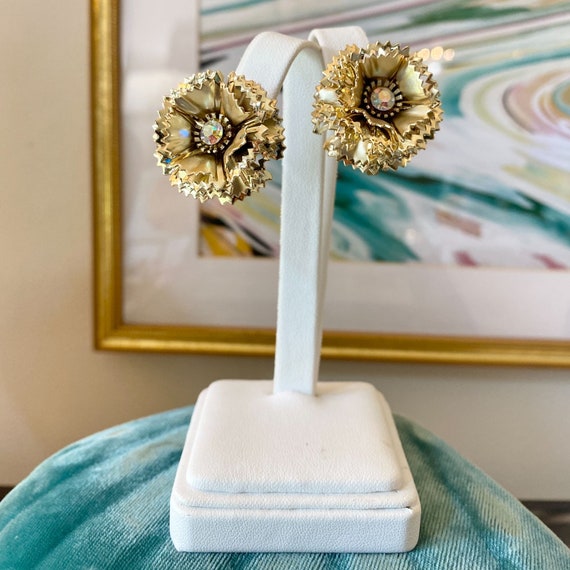 Vintage Gold Ruffle Flower Statement Earrings wit… - image 2