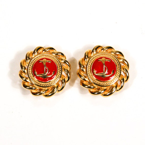 Gold and Red Anchor Earrings Round Rope Detail Preppy