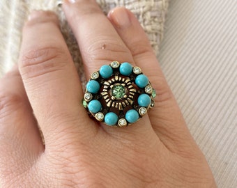 vintage Heidi Daus Turquoise Bead et Peridot Crystal Statement Ring, Bronze Setting, Ring Size 6