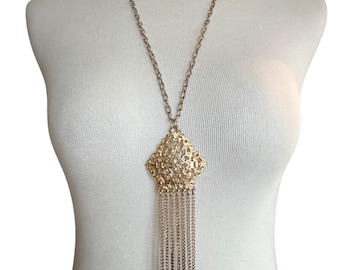 Vintage Boho Style Tassel Statement Necklace Gold Tone Festival Estruscan  Mogul