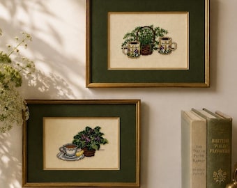 Set di ricamo vintage "Tea Party Floral Needlepoint" con passepartout, formato 8x10, stile cottagecore.