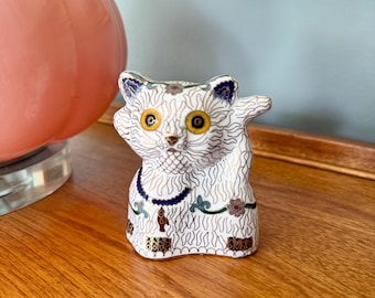 Vintage Cloisonné Cat Figurine: Enamel Brass Kitty, Asian Decor
