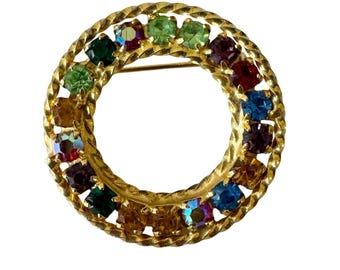 Vintage Gold Tone Circle Brooch with Multicolor Rhinestones Fashion Jewelry
