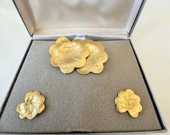 Vintage TACOA Gold Tone Flower Brooch and Earrings Set Designer Jewelry