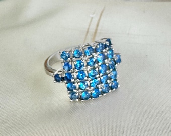 Vintage Blue Crystal Cocktail Ring – Silver Tone Square Statement, Size 7