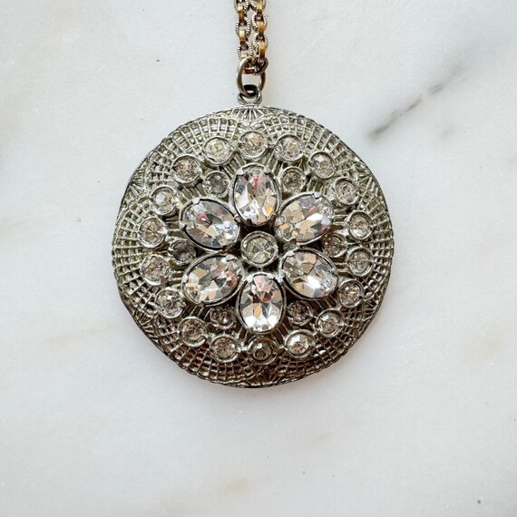 Vintage Art Deco Filigree Medallion Rhinestone Pendant Necklace Heirloom Estate View 4