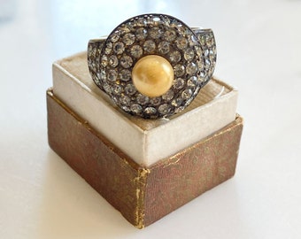 Vintage Heidi Daus Faux Pearl and Black Diamante Swarovski Rhinestone Statement Ring, Size 10