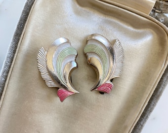 Vintage West Germany Silver Leaf Statement Earrings with Green, Cream, and Pink Enamel Accents, Clip On