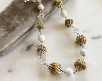 Vintage 1950s Vendome Necklace, White Beads, Aurora Borealis Crystal Beads, Gold Fluted Beads with White Enamel Accents