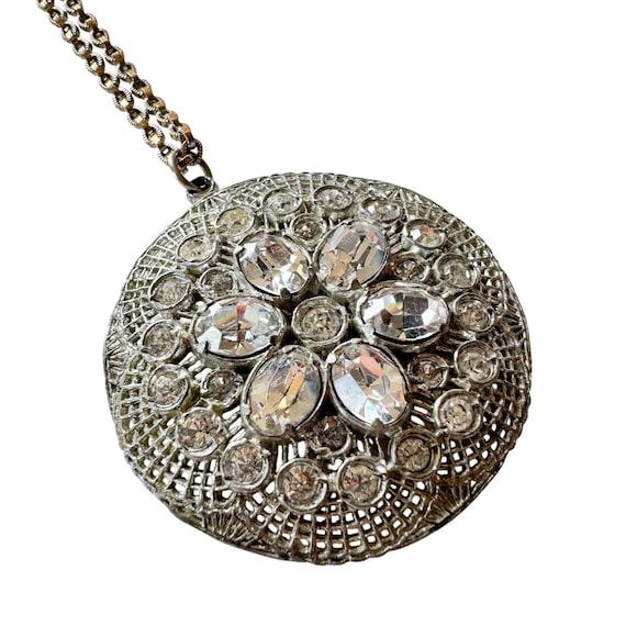 Vintage Art Deco Filigree Medallion Rhinestone Pendant Necklace Heirloom Estate