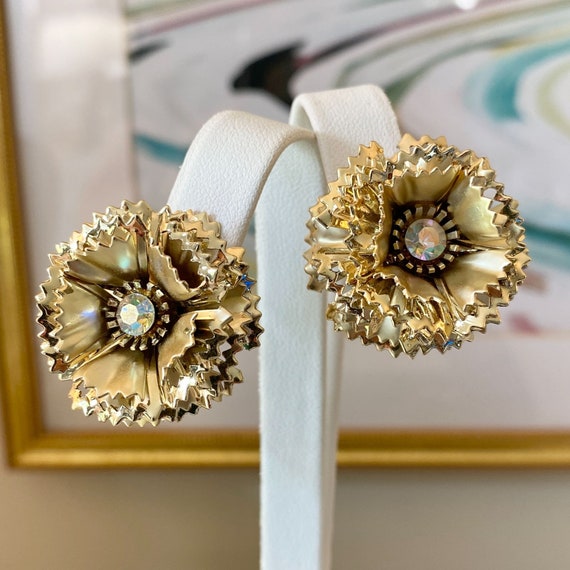 Vintage Gold Ruffle Flower Statement Earrings wit… - image 1