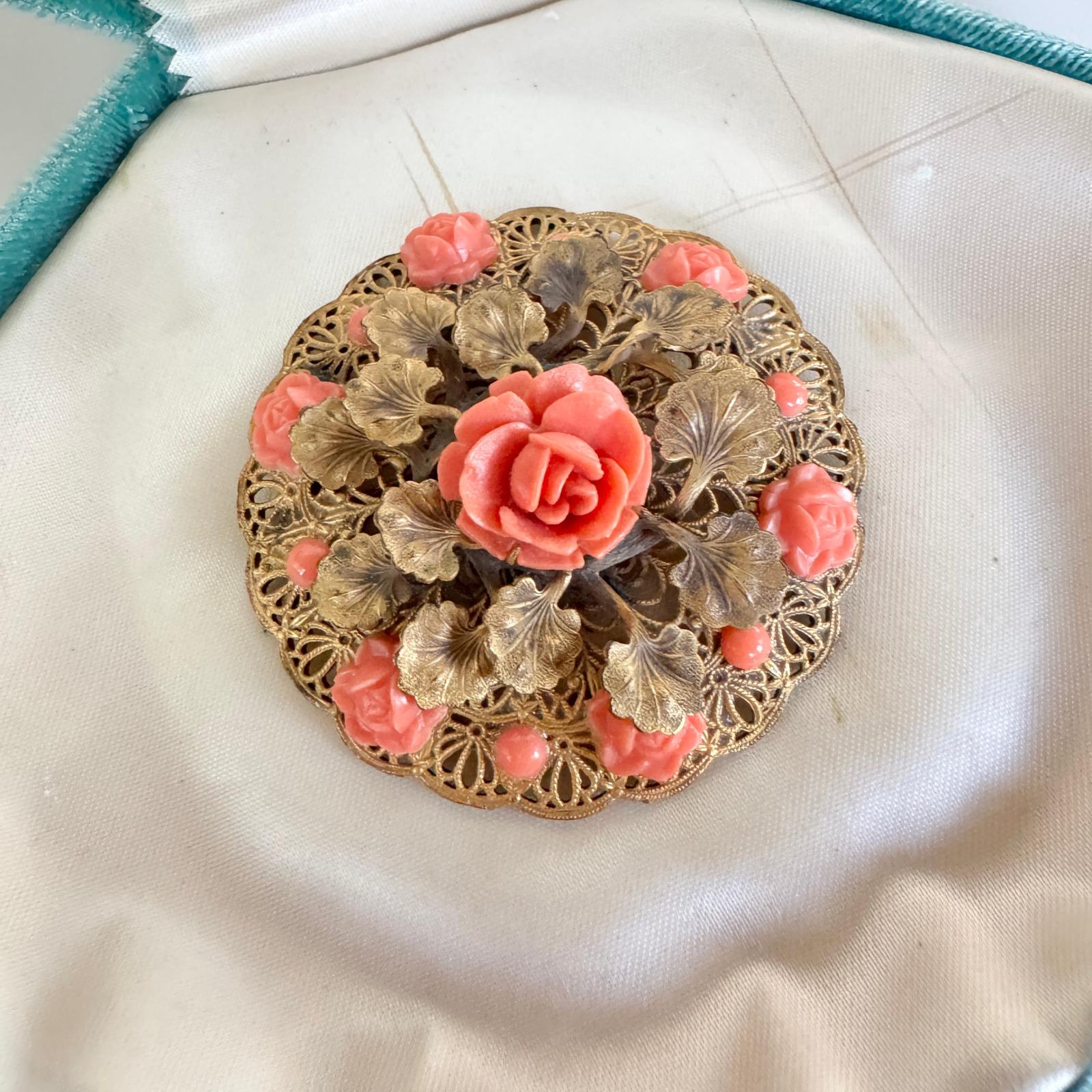 Broche Vintage Argent Fleur Corail Perle Rouge Pétales Dorées - Occasion Avec Défauts