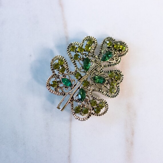 Vintage Green Rhinestone Leaf Brooch