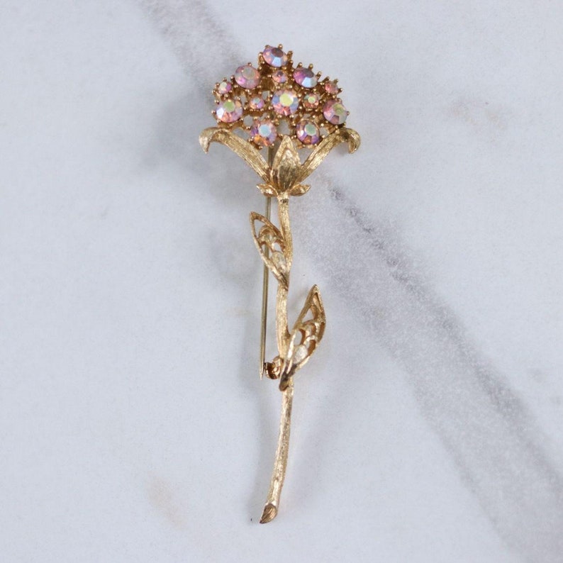 Vintage Gold Long Stem Flower Brooch with Pink Aurora Borealis Rhinestones