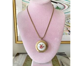 Vintage Large Round Guilloche White Enamel with Pink Roses Locket Pendant Statement Necklace