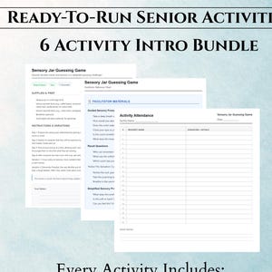 Op de afbeelding: Een bundel met hulpmiddelen voor seniorenactiviteiten. De titel luidt "READY-TO-RUN SENIOR ACTIVITIES 6 ACTIVITY INTRO BUNDLE". De bundel bevat een materialenlijst, instructieblad, facilitator sheet, aanmeldingsblad en geheugenzorg variant.