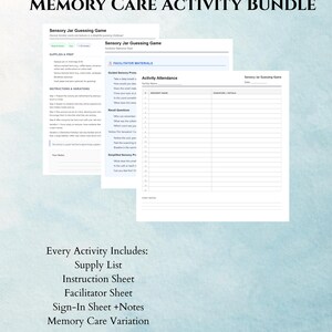 May include: A bundle of memory care activity sheets. The title reads "READY-TO-RUN SENIOR ACTIVITIES MEMORY CARE ACTIVITY BUNDLE." The bundle includes a supply list, instruction sheet, facilitator sheet, sign-in sheet, and memory care variation.