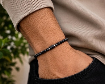 Pulsera de turmalina negra para hombre / Turmalina negra y hematita auténticas AAAA+ / Piedra central de turmalina en bruto / Pulsera de protección de 6 mm