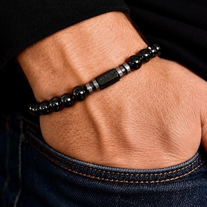 Mens Black Tourmaline & Hematite Bracelet AAAA+   | Raw Tourmaline Focal Stone | Hand Made Crystal Bracelet 8mm