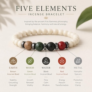 May include: A beaded bracelet featuring white beads and four distinct coloured incense beads in brown, green, black, and red, separated by metallic hematite spacers. The text reads FIVE ELEMENTS INCENSE BRACELET with labels for Earth, Wood, Water, Fire, and Metal.