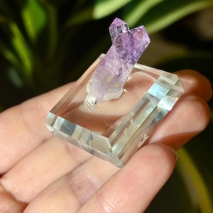 Puede incluir: Un expositor de cristal transparente y rectangular que sostiene un grupo de cristales de amatista morados. Los cristales de amatista son de un color morado vibrante y están montados sobre una base transparente y facetada. El expositor se sostiene en una mano.