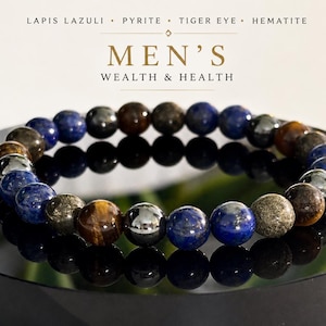 May include: A beaded bracelet featuring alternating round stones of blue lapis lazuli, metallic pyrite, brown tiger eye, and silver-toned hematite. Above the bracelet, text reads: LAPIS LAZULI • PYRITE • TIGER EYE • HEMATITE and MEN'S WEALTH & HEALTH.