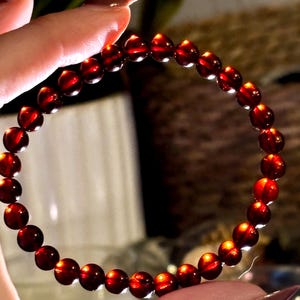 May include: A circular bracelet composed of numerous small, translucent, deep red garnet beads. The beads are strung together in a continuous loop, exhibiting a polished, reflective surface that catches the light, creating bright highlights.