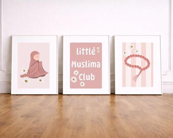 Arte de pared islámico para niños / Juego de 3 / Little Muslima Club / Decoración para habitación de niña musulmana / Arte floral con hiyab / Póster de Tasbih / Descarga digital