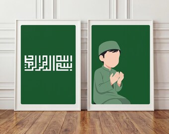 Arte de pared islámico para niños / Juego de 2 / Caligrafía árabe Bismillah y niño musulmán / Decoración de guardería musulmana / Habitación infantil musulmana / Descarga digital