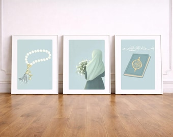 Arte mural islámico/Juego de 3/Corán, Tasbih y niña con hiyab/Decoración para niña musulmana/Impresiones islámicas modernas/Descarga digital