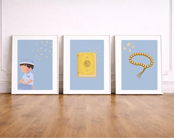Arte mural islámico para niños/Juego de 3/Decoración de guardería musulmana/Impresión del Corán, el Tasbih y el niño rezando/Arte para habitación de niño musulmán/Descarga digital