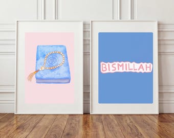 Arte mural islámico para niños / Juego de 2 / Decoración de pared Bismillah / Arte del Corán / Habitación infantil musulmana / Descarga digital