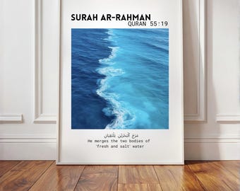 Arte mural islámico / Versículo del Corán / Surah Ar Rahman / Arte oceánico / Decoración musulmana para el hogar / Descarga digital
