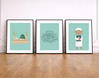 Arte de pared islámico para niños / Conjunto de 3 / Masjid Nabawi, Bismillah Calligraphy & Muslim Boy / guardería musulmana / sala de niños musulmanes / Descarga digital