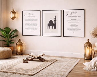 Arte mural de Ramadán / Juego de 3 / Decoración islámica / Arte mural islámico / Duas diarias de Ramadán / Impresión minimalista de mezquita / Arte musulmán para el hogar
