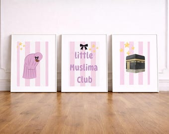 Decoración para la habitación de niñas musulmanas / Láminas de la Kaaba, oración y club (Juego de 3 láminas para descarga digital)