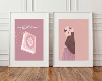 Arte mural islámico para niños / Juego de 2 / Láminas para niña con hiyab / Decoración infantil musulmana / Habitación de niña musulmana / Descarga digital
