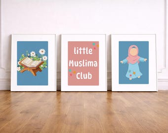 Arte de pared islámico para niños / Juego de 3 / Láminas islámicas para guardería / Decoración de habitación de niña musulmana / Ilustración de niña con hiyab / Descarga digital
