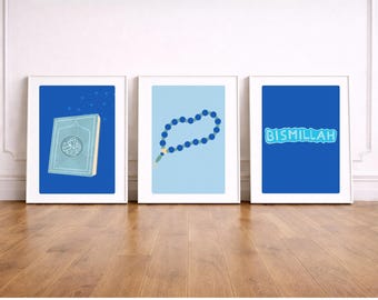 Arte mural islámico para niños / Juego de 3 / Impresiones del Corán, Tasbih y Bismillah / Decoración de habitación infantil musulmana / Decoración de habitación de niño / Descarga digital