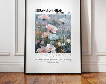 Arte mural islámico / Sura Al Imran / Versículo del Corán / Impresión floral / Decoración musulmana para el hogar / Descarga digital