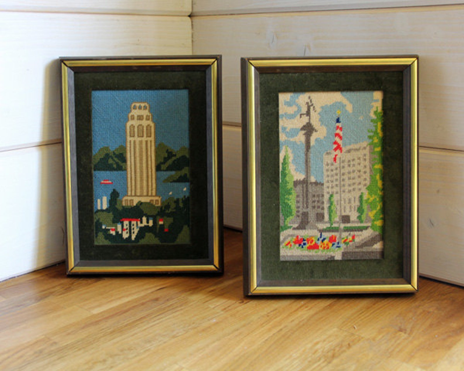 2 Vintage Needlepoint USA Art Framed Pair Found by Foo Foo La Etsy