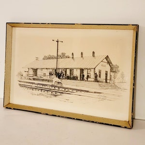 Fifty Four is a comin Train Depot Vintage Antique pencil drawing print signed Jane Jackson & framed. Artist proof Found By Foo Foo La La image 1