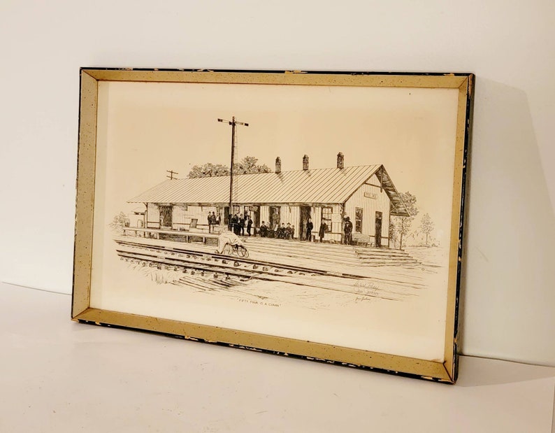 Fifty Four is a comin Train Depot Vintage Antique pencil drawing print signed Jane Jackson & framed. Artist proof Found By Foo Foo La La image 1