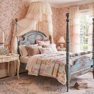 May include: A shabby chic bedroom with a four-poster bed. The bed frame is distressed blue, and the bedding features a floral quilt and decorative pillows. A canopy hangs above the bed, and the walls are covered in floral wallpaper.