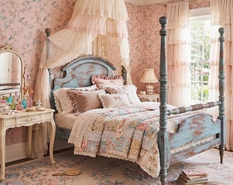 Vintage bed, Vintage Bedframe  4 Post Full Wood Bed painted turquoise and distressed By Foo Foo La La