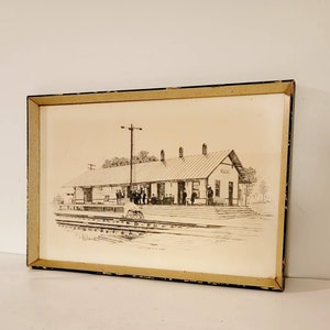 Fifty Four is a comin Train Depot Vintage Antique pencil drawing print signed Jane Jackson & framed. Artist proof Found By Foo Foo La La image 3