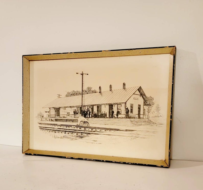 Fifty Four is a comin Train Depot Vintage Antique pencil drawing print signed Jane Jackson & framed. Artist proof Found By Foo Foo La La image 3