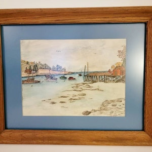 Vintage Antique pencil drawing signed RCR 76 & framed. Boats, water, dock, house, tree, colorful Found By Foo Foo La La image 3