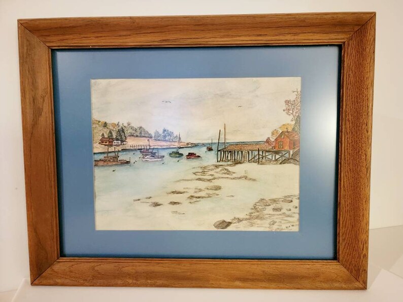 Vintage Antique pencil drawing signed RCR 76 & framed. Boats, water, dock, house, tree, colorful Found By Foo Foo La La image 3