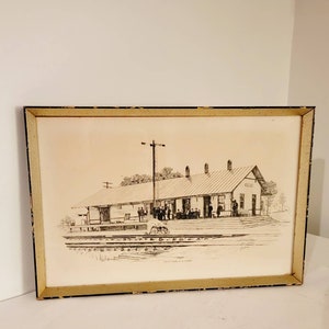 Fifty Four is a comin Train Depot Vintage Antique pencil drawing print signed Jane Jackson & framed. Artist proof Found By Foo Foo La La image 5